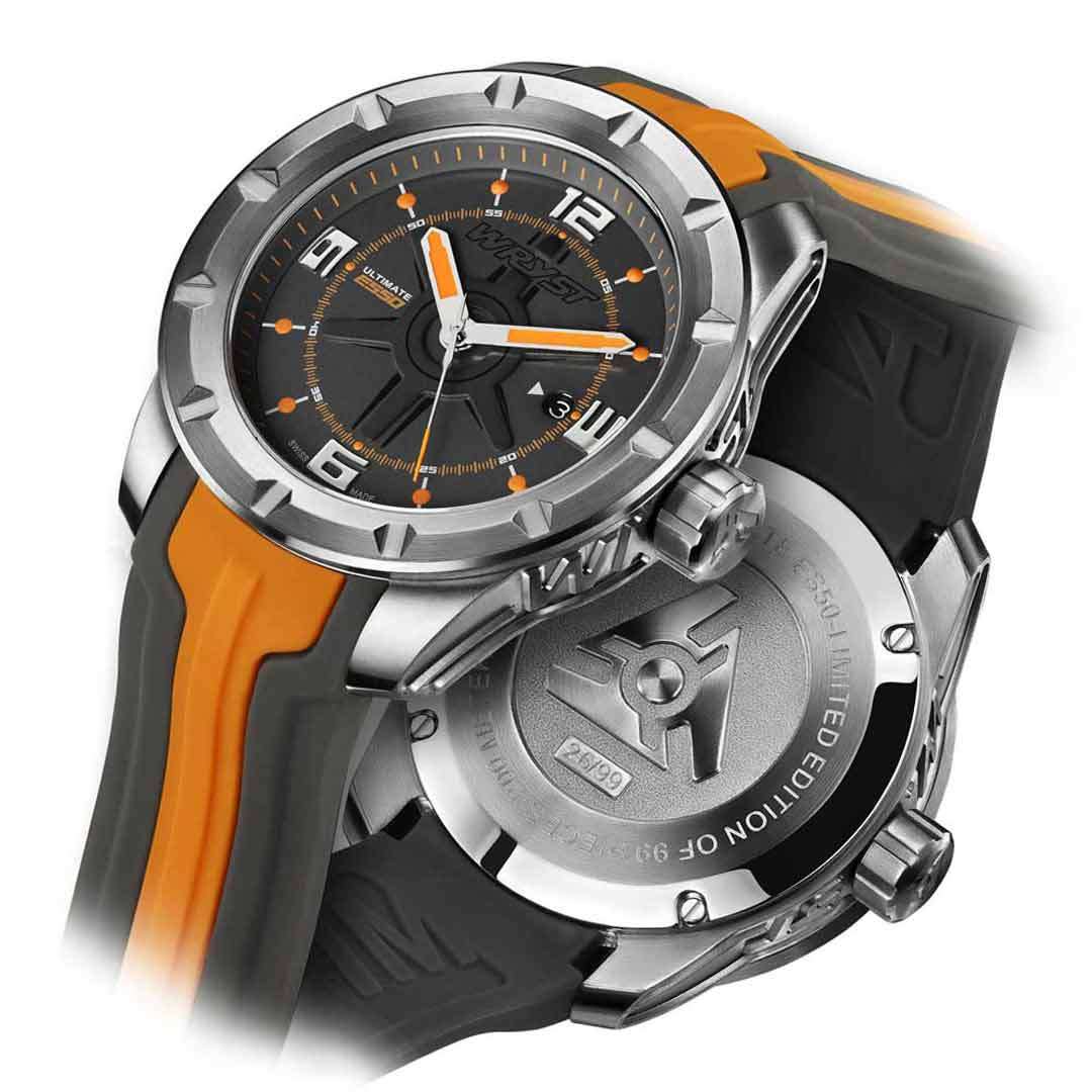 Montre orange avec cadran gris ardoise