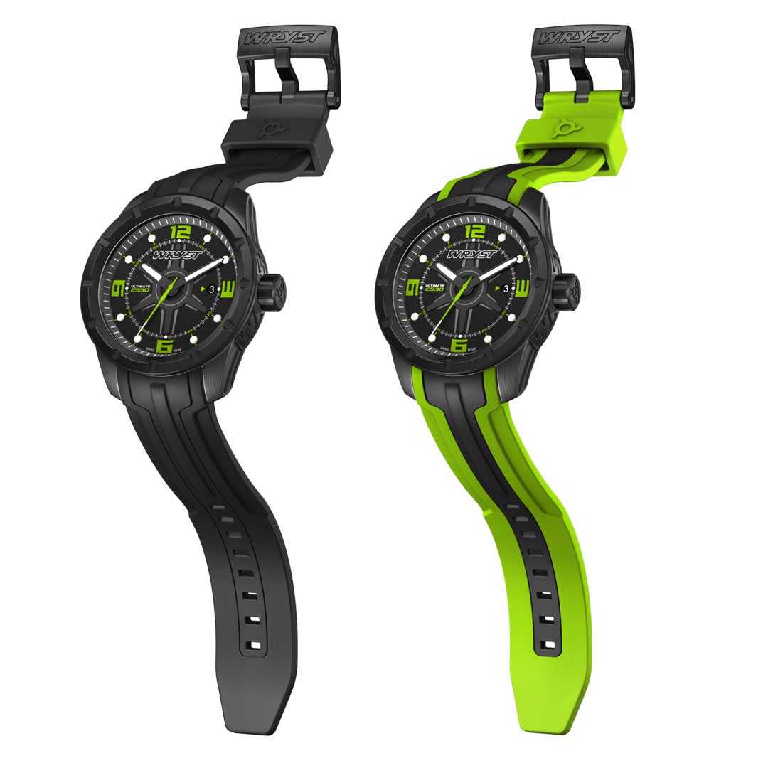 Reloj negro mate con esfera negra y pulsera verde