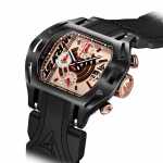 Schwarze Uhr mit roségoldenem Zifferblatt und Schweizer Chronographenwerk