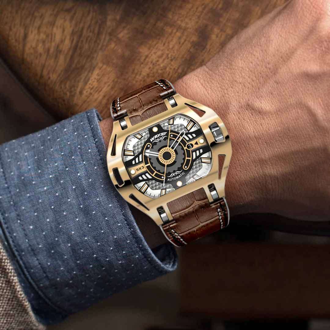Reloj dorado Wryst SX3 automático con pulsera de cuero marrón