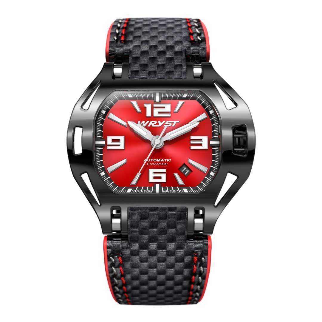 Swiss Automatic red dial watch with carbon fiber bracelet