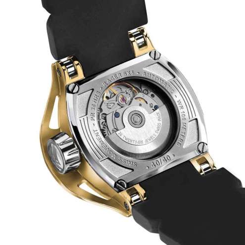 Parte trasera de un reloj automático de oro para hombre con cristal de zafiro para ver el movimiento