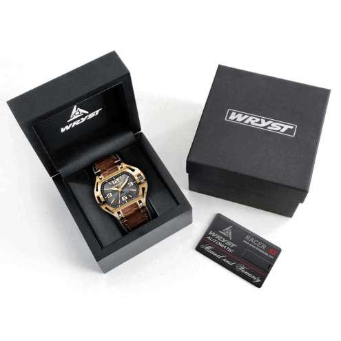 Caja de reloj negra con reloj de oro para hombre Wryst