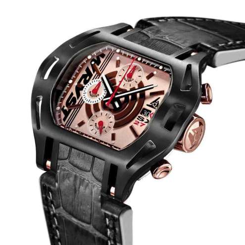 Rose gold dial watch with black DLC case and black leather strap