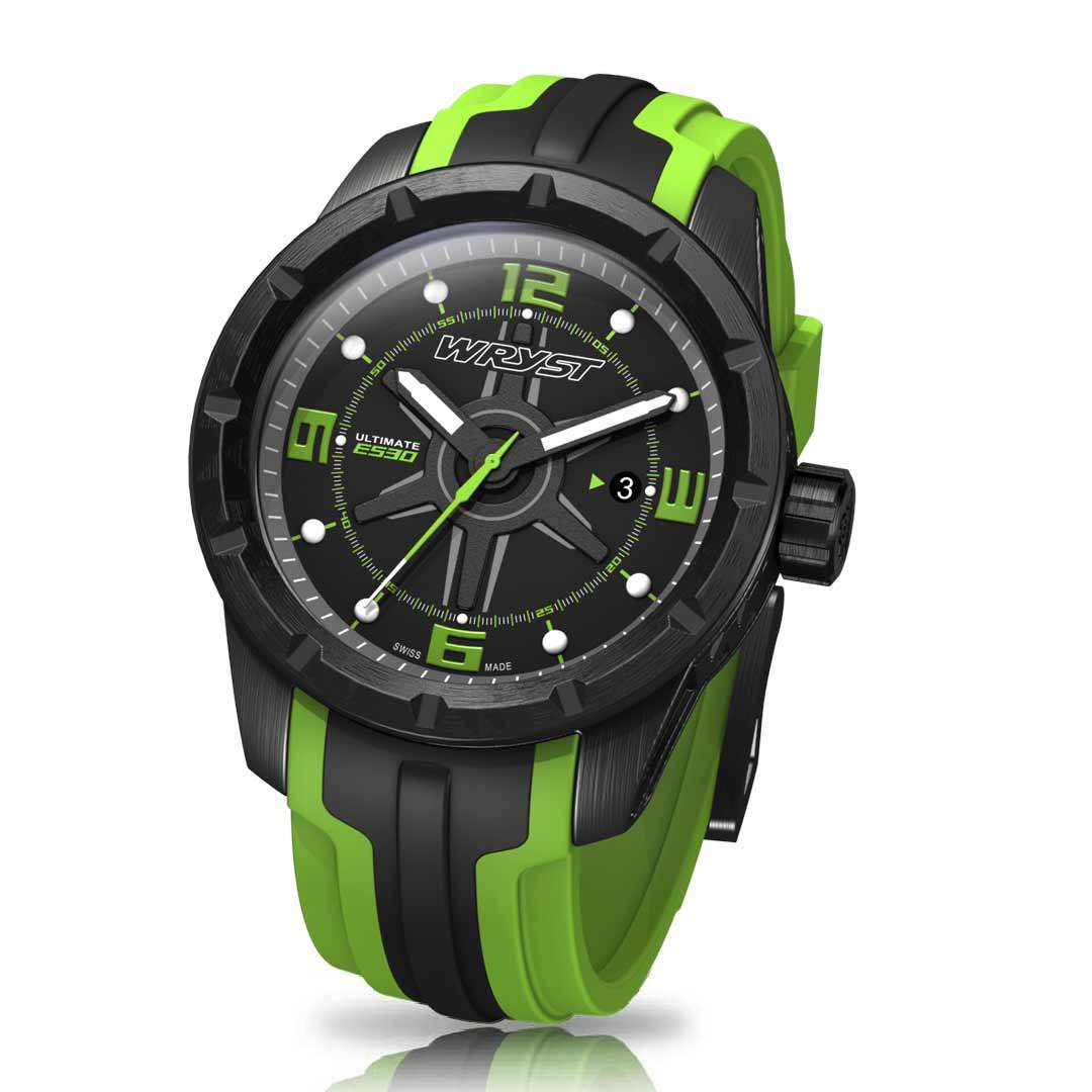 Montre suisse en cristal de saphir avec bracelet en silicone noir et vert