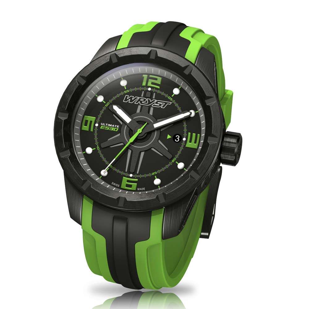 Reloj suizo de cristal de zafiro con pulsera de silicona negra y verde