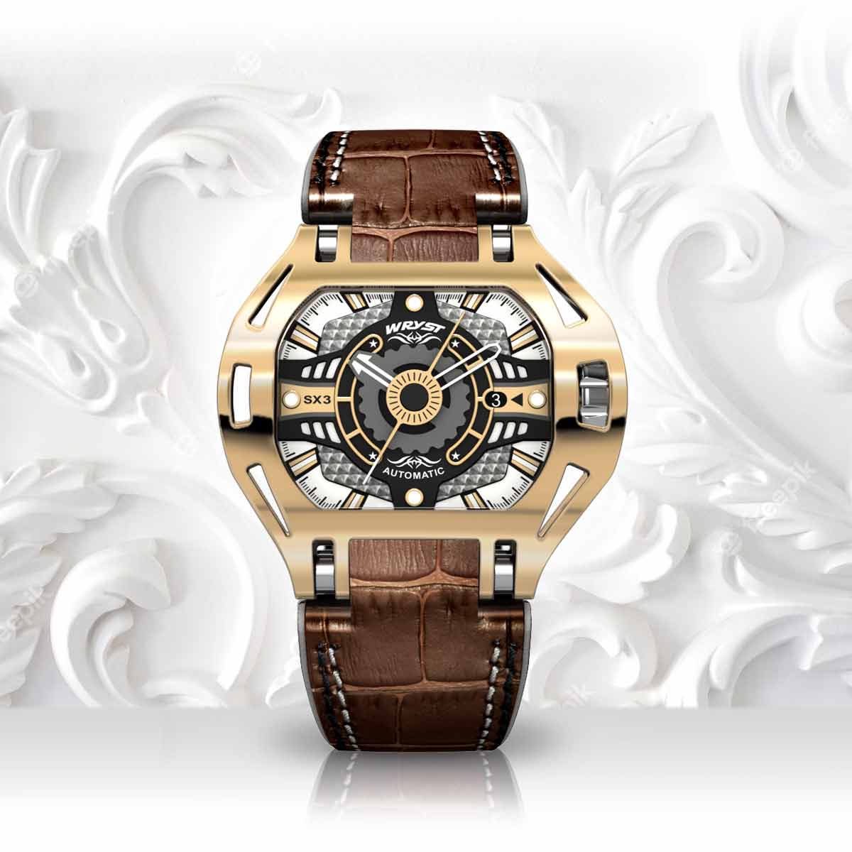 Reloj dorado de lujo para hombre Pulsera de piel de cocodrilo marrón