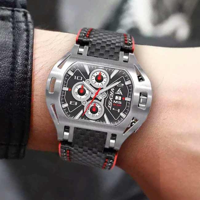 Black and Red cuff watch Carbon Fiber leather