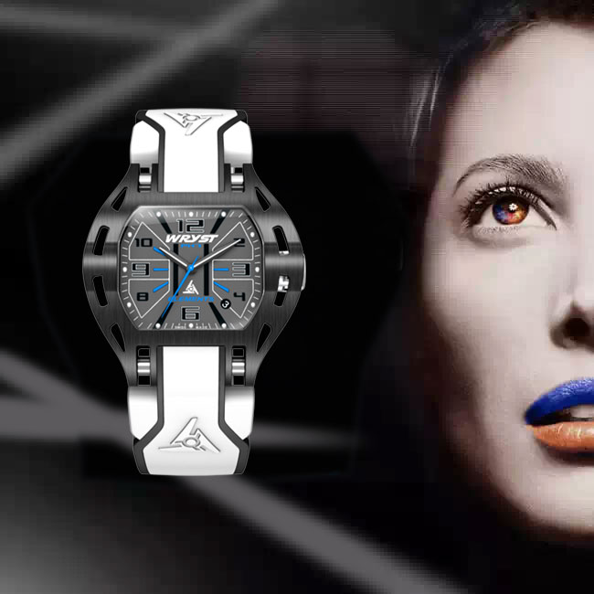 Weiße und schwarze Uhren PH7 für Damen mit blauen Details