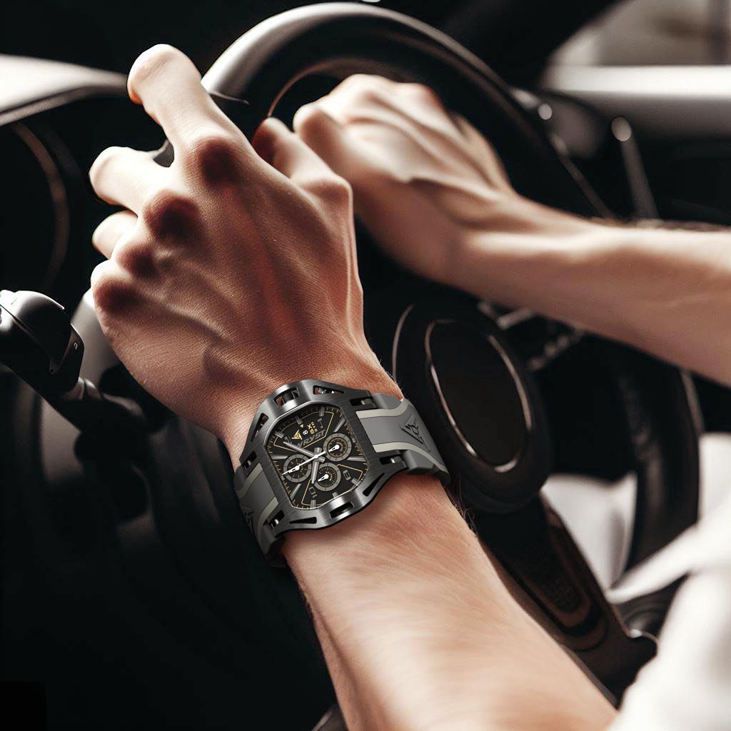 KI-Hintergrund mit einem Mann, der eine Uhr trägt und die Hände am Lenkrad hat