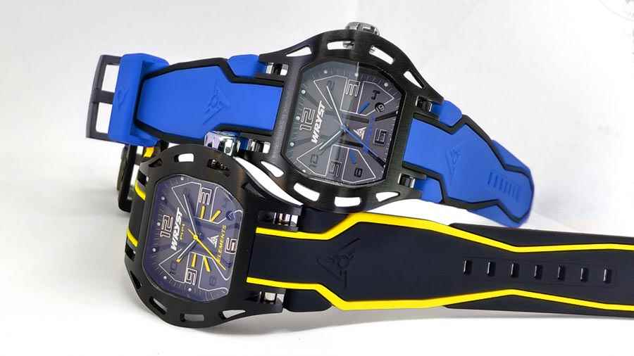 Black and yellow, black and blue watch